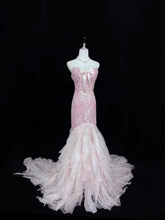 Vintage Mermaid Spaghetti Straps Chiffon Pink With Tiered Layers Lace Prom Dress Formal Outfits Party Dresses RB7489