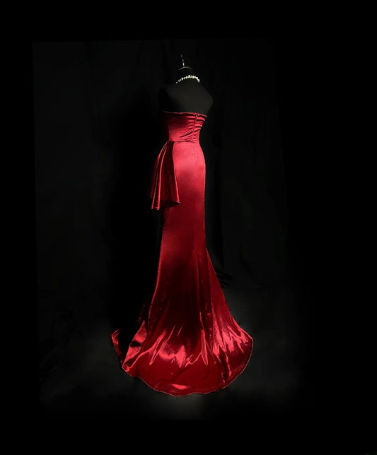 Simple Prom Dresses Mermaid Strapless Burgundy With Ruffled Long Party Dress Formal Outfits RB5931