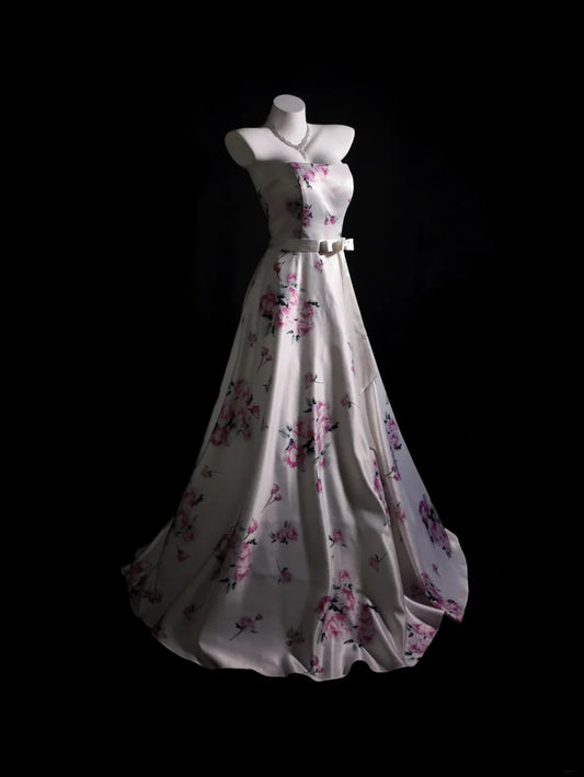 White Prom Dress A Line Strapless Satin Floor Length Modest Formal Party Gown RB9920
