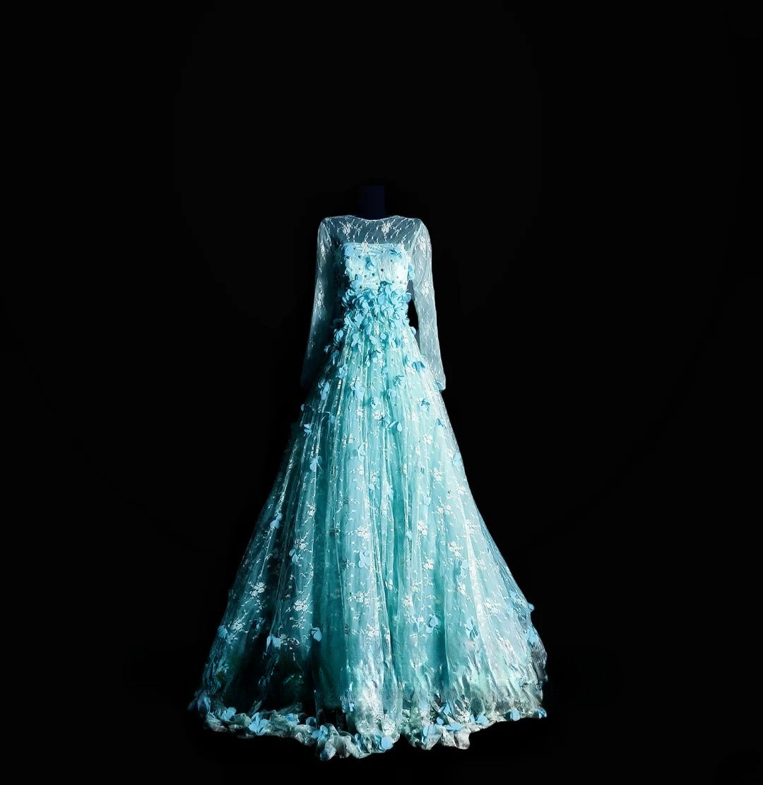 Vintage A line Scoop Blue Tulle Lace With Appliqued Prom Dress Formal Dress Party Dresses RB7108