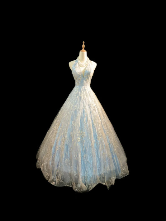 Bescheidener Ballkleid Halfter Hellblau Pailletten Spitze Ärmellos Lang Sweet 16 Kleider Siebzehn Quince Kleid RB3578