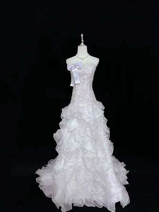 Vintage Mermaid Sweetheart Lilac With Tiered Layers Lace Long Prom Dress Formal Outfits Party Dresses RB7494