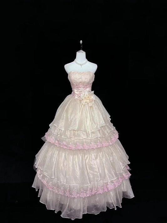 Prinzessinnen-Ballkleid trägerlos rosa mit Applikationen Quinceañera-Kleid voluminös Sweet 16 Outfit für den 16. Geburtstag Vestido de 15 RB7495