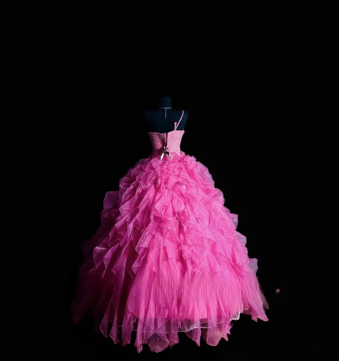 Cute Ball Gown One Shoulder Hot Pink Long Quinceañera Dress Moda 2000 15 Quinceanera Dresses Ideas Sweet 16 Outfit RB7110