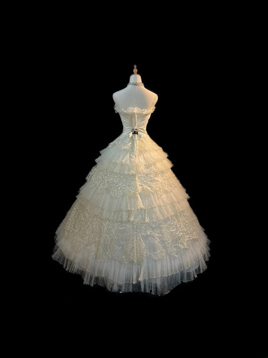 Vintage Princess Wedding Dress Ball Gown Strapless Sequined White Brides Gown Long Bridal Dress RB5792