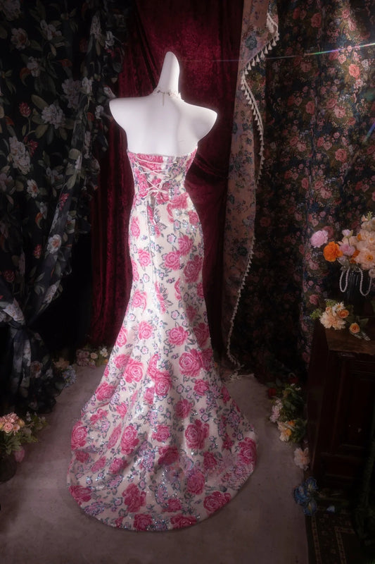 Vintage Mermaid Sweetheart Pink Floral Sequined Long Prom Dresses Formal Outfit Evening Night Gown RB8137