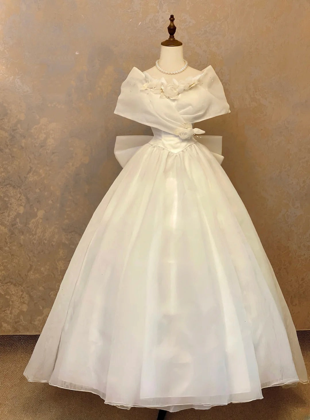 Princess Ball Gown Off The Shoulder White With Flowers Knee Length Bridal Gown RB9089