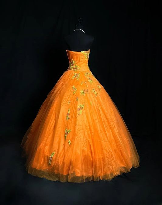 Pretty Ball Gown Strapless Orange Tulle With Appliqued Long 15 Quinceanera Dresses Photo Ideas Formal Outfit RB5938