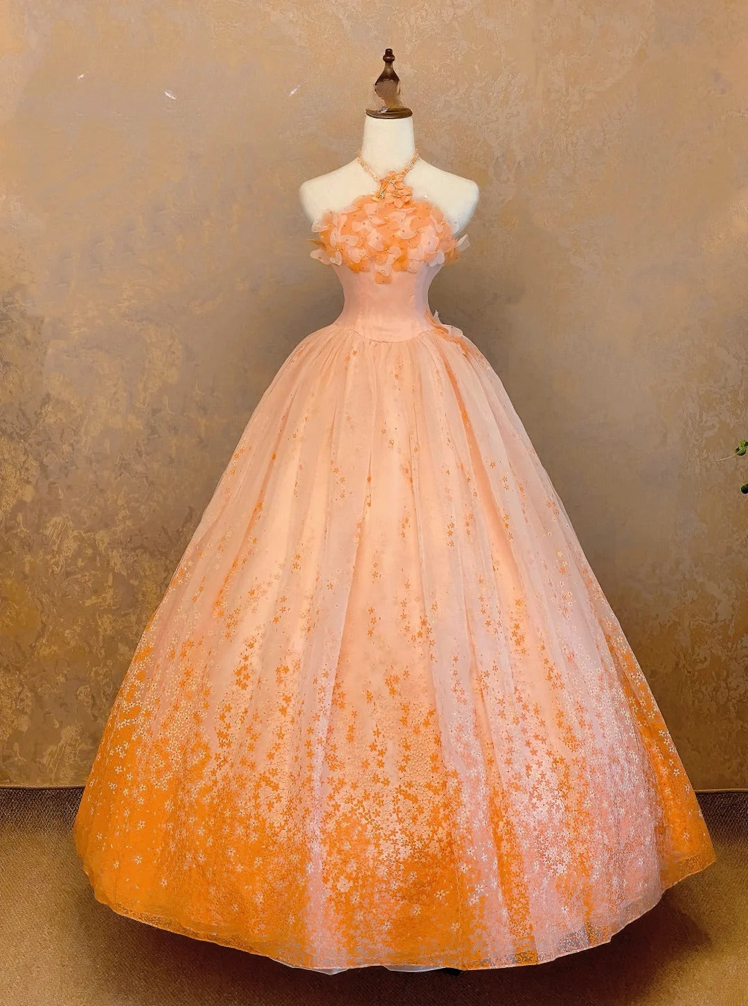 Quinceanera Dress With Flowers Floor Length Ball Gown Halter Orange Sweet 15 15th Birthday Gown RB9090