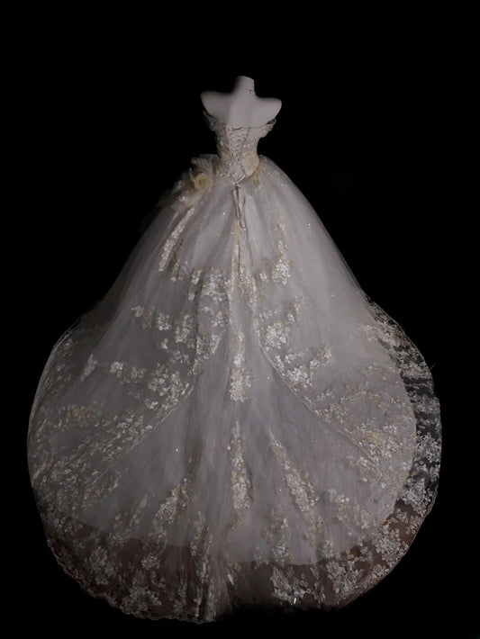 Vintage Wedding Dress Ball Gown Off Shoulder Tulle Appliques White With Sleeves Bridal Gown for Big Day RB9925