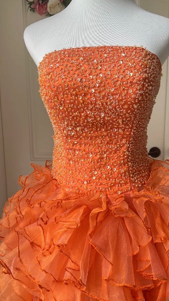 Hoco Ballkleid schulterfrei orange Tüll kurz Homecoming Geburtstag Partykleid RC0498