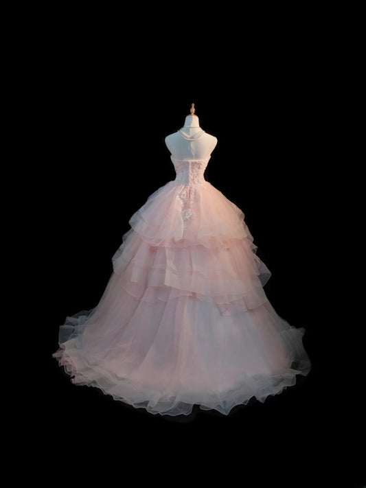 Niedliches Ballkleid, trägerlos, rosa Tüll, lange Ärmel, Sweet 16 Kleider, siebzehn Quince Kleid RB3582