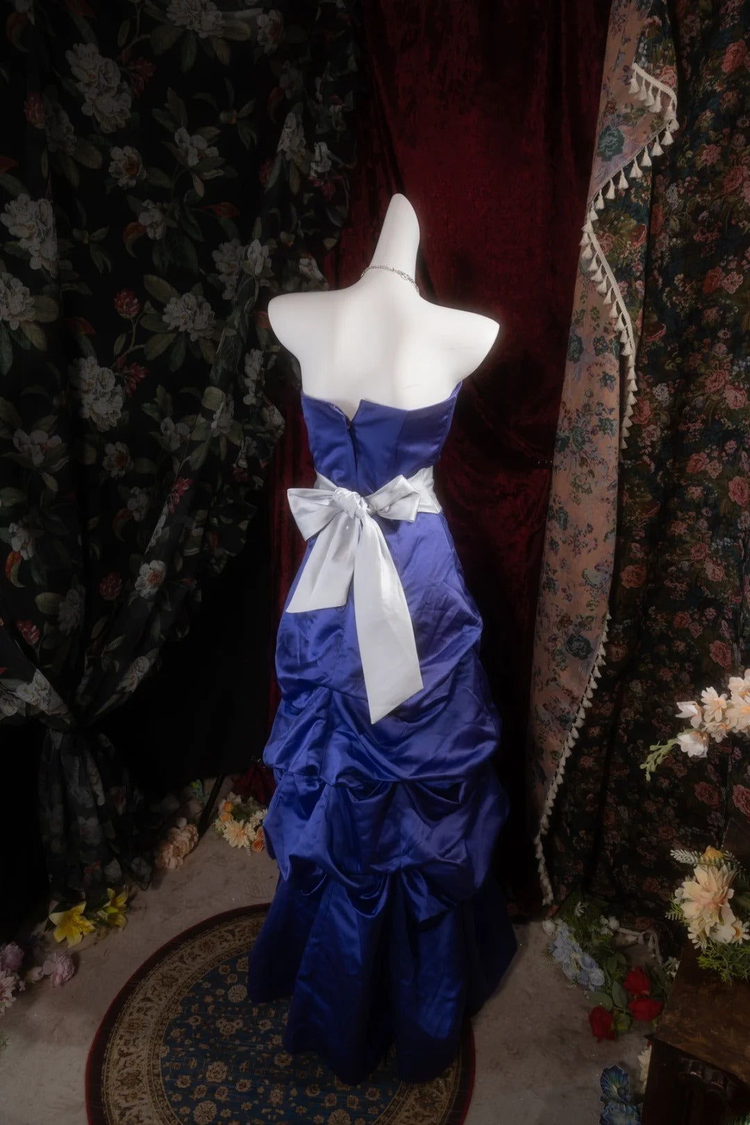 Vintage Mermaid Strapless Royal Blue Satin With Tiered Long Prom Dresses Formal Outfits Evening Night Gown RB8140