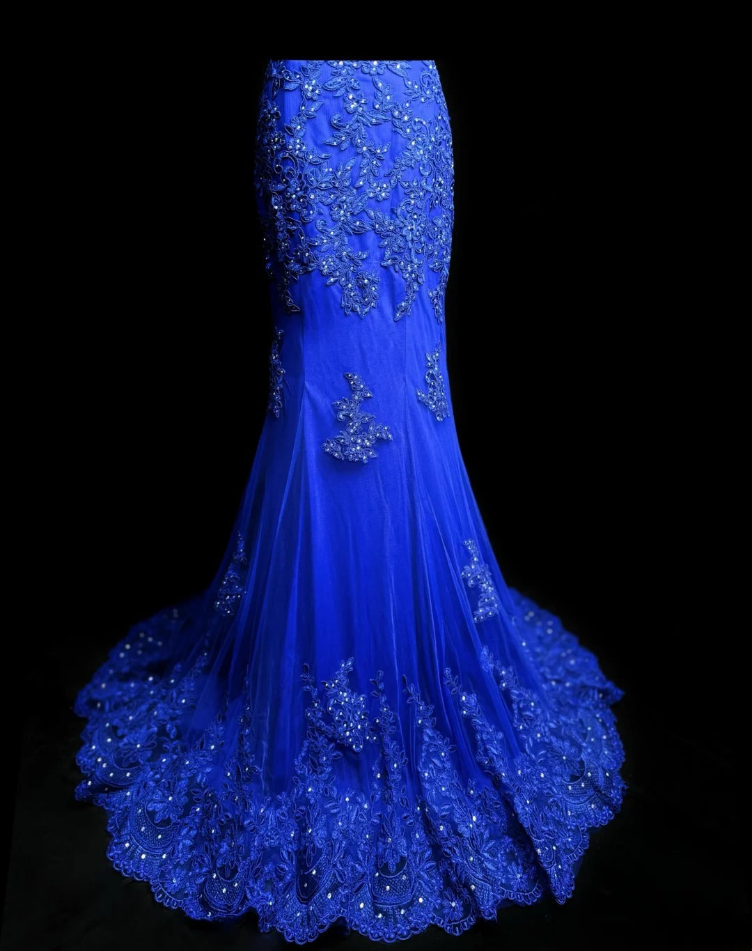 Modest Prom Dresses Mermaid Scoop Royal Blue Backless Tulle With Appliqued Long Party Dress Formal Outfits RB5946