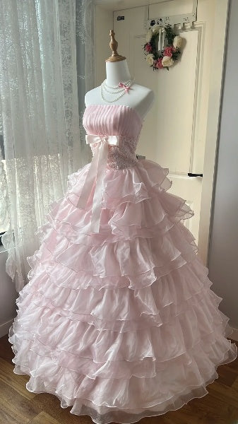 Dezentes, langes trägerloses Ballkleid zum 16. Geburtstag aus rosa Tüll mit gestuften Lagen, Sweet Sixteen Partykleid RC0503