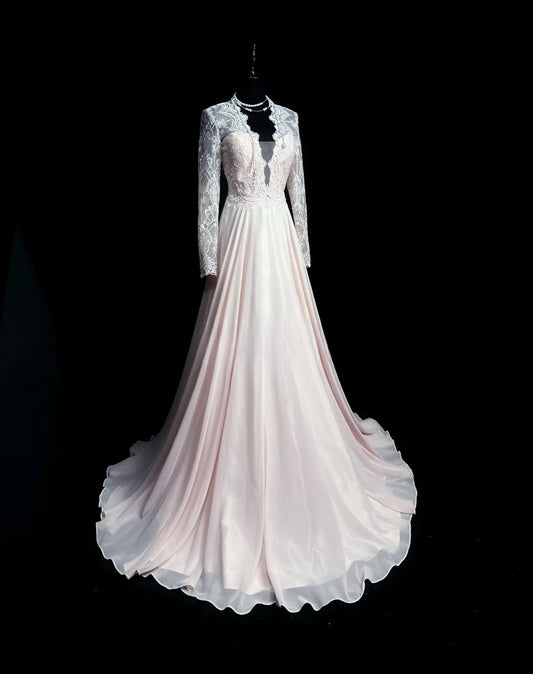 Retro A line V Neckline Pink Chiffon Long Sleeves Date Night Outfits Semi Formal Prom Wedding Guest Dresses RB5949