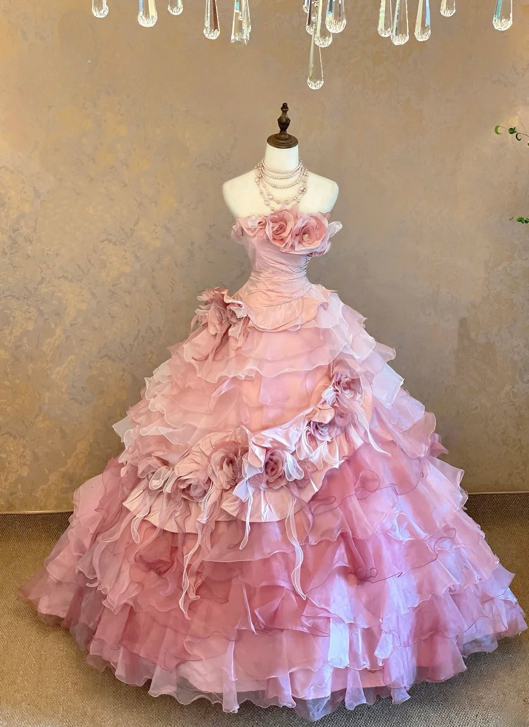 Quinceanera Dress Strapless Pink With Flowers Floor Length Ball Gown Sweet 15 15th Birthday Gown RB9097