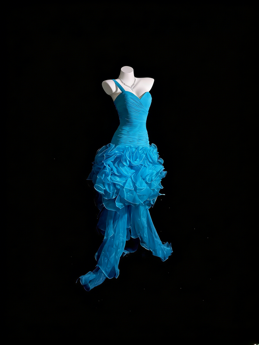 Blaues Meerjungfrau-Abschlussballkleid mit einer Schulter, gestuftem Vokuhila-Schnitt, formelles Partykleid RB9935