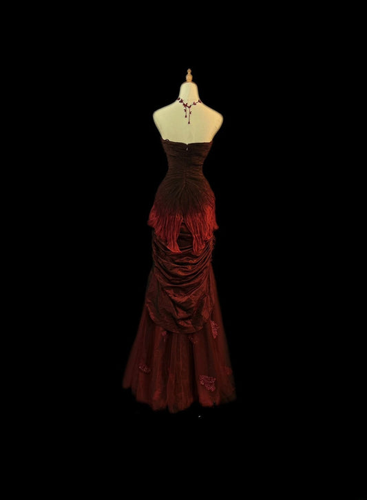 Vintage 70er Jahre Ballkleider Meerjungfrau Trägerlos Burgund Mit Umhang Für Damen Lange Abend Formelle Outfits RB3587