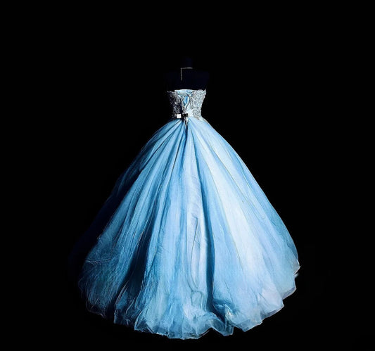 Cute Ball Gown Strapless Tulle Blue Long Quinceañera Dress Moda 2000 15 Quinceanera Dresses Ideas Sweet 16 Outfits RB7122