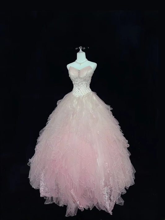 Modest Ball Gown Sweetheart Pink With Tiered Layers Tulle Long Quince Dress Voluminous Sweet 16 Sweet Sixteen Outfits Vestido de 15 RB7513