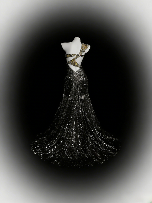 Graues Meerjungfrau-Abschlussballkleid, ein Schultergurt, mit goldener Spitze, bodenlanges Abendkleid RB9938