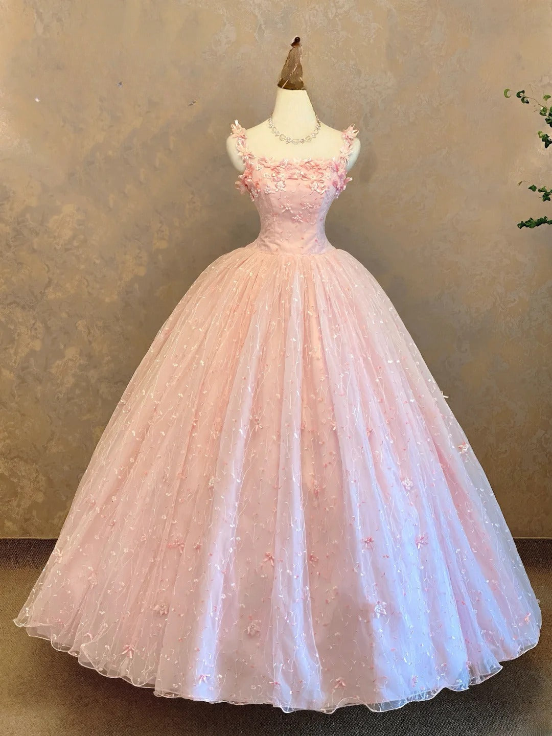 Elegant Ball Gown Spaghetti Straps Pink Prom Dress With Flowers Long Evening Party Gown RB9099