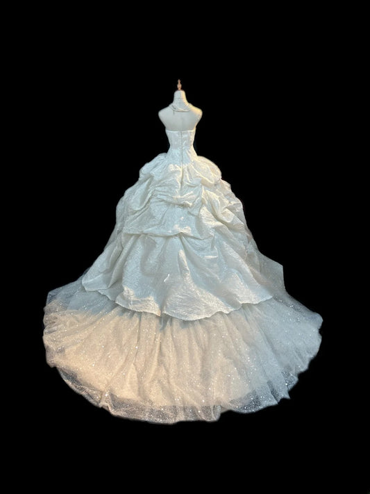 Elegant Classy Ball Gown Strapless White Sequin With Ruffled Brides Gown Bridal Dress Long Poofy Wedding Dresses RB5802