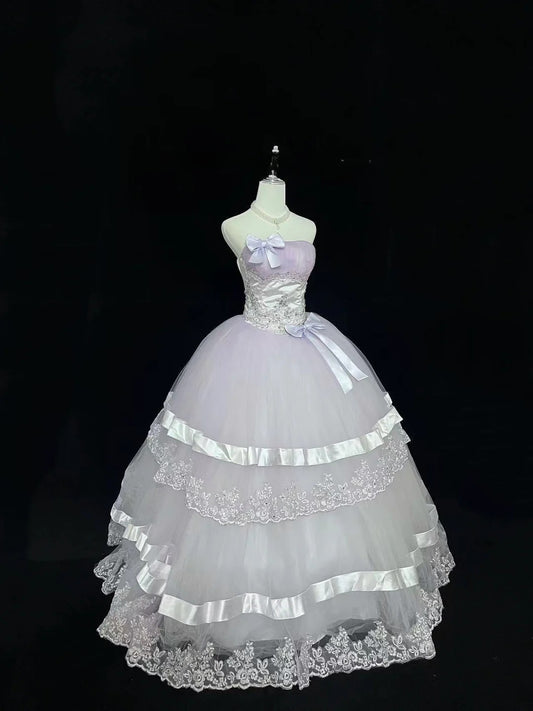 Modest Ball Gown Strapless Lilac With Tiered Layers Long Quince Dress Voluminous Sweet 16 Sweet Sixteen Outfits Vestido de 15 RB7525