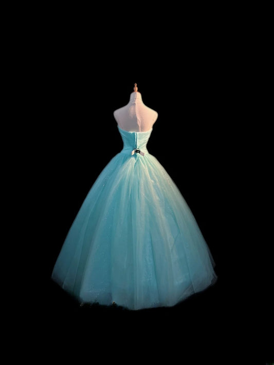 Prinzessinnen-Ballkleid Süße Herz-Ausschnitt Blau Tüll Lang mit Perlen Sweet 16 Kleider Siebzehn Quinceanera Kleid RB3592