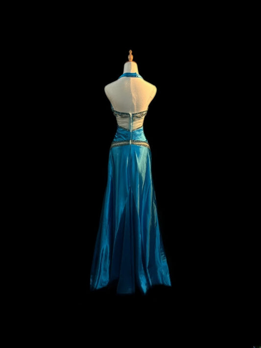 Vintage 70er Jahre Ballkleider Meerjungfrau Neckholder Blau Satin Mit Perlenbesetztem Oberteil Für Damen Lange Abendkleider Formelle Outfits RB3593