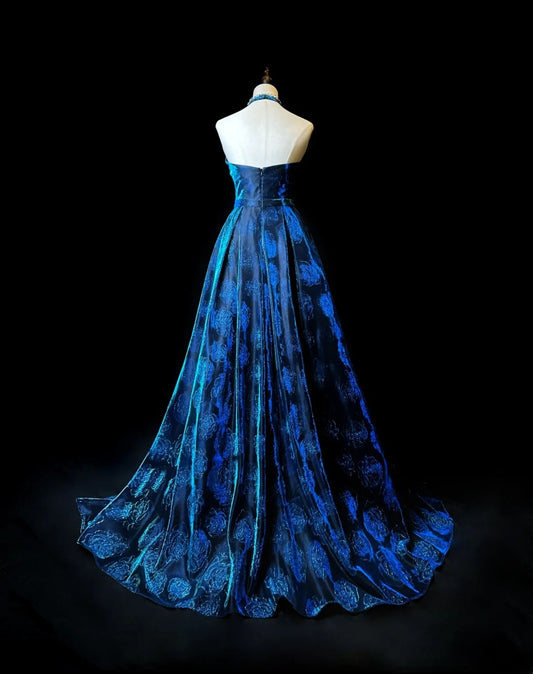 Retro Ball Gown Halter Navy Blue Floral Satin Long Date Night Outfits Semi Formal Prom Wedding Guest Dresses RB5960