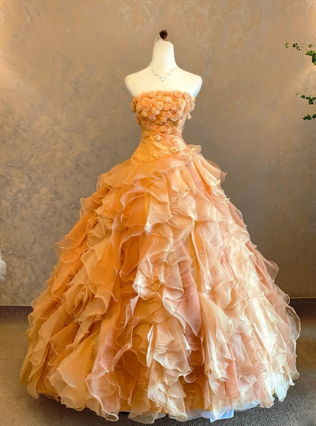 Quinceanera Dress Strapless Yellow With Flowers Tiered Floor Length Ball Gown Sweet 15 15th Birthday Gown RB9105