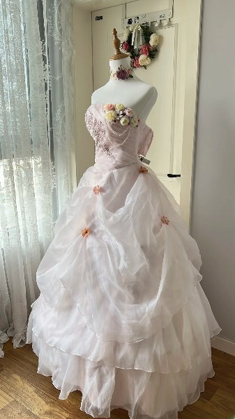 Dezentes, langes, trägerloses Ballkleid in Hellrosa mit Applikationen für Sweet 16, Geburtstagsparty, RC0518