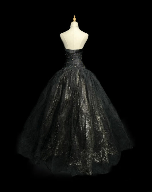 Pretty Ball Gown Sweetheart Black Tulle With Gold Beads Long 15 Quinceanera Dresses Photo Ideas Formal Outfit RB5965