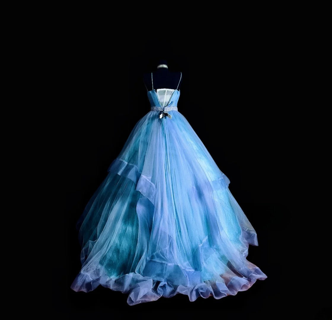 Beautiful Ball Gown Spaghetti Strap Blue Tulle With Tiered Layers Prom Dress Formal Dress Party Dresses RB7142