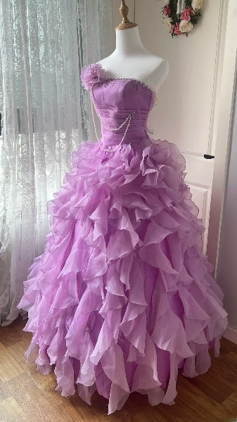 Süßes Quinceanera-Ballkleid für den 15. Geburtstag, trägerlos, Flieder, mit gestuften Lagen, langes Kleid für den 15. Geburtstag RC0521