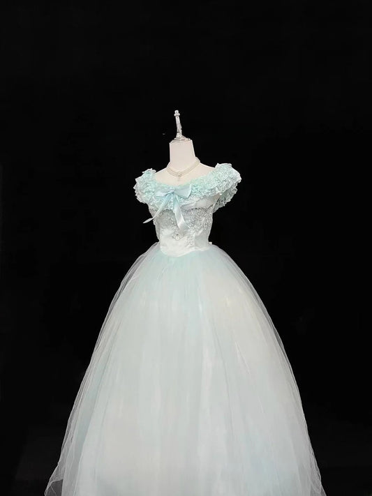 Cute Ball Gown Boat Mint Green With Tiered Layers Lilac Bow Long Quince Dress Voluminous Sweet 16 Sweet Sixteen Outfits Vestido de 15 RB7538