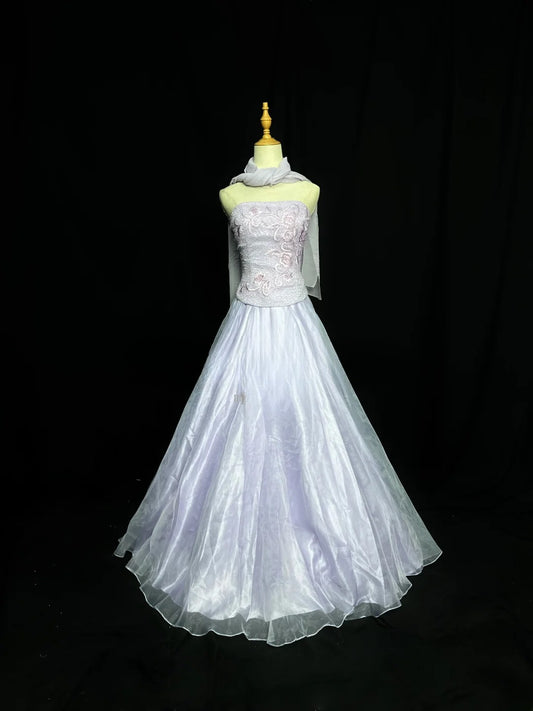 Classy Prom Dresses Ball Gown Strapless Lilac Tulle With Embroidery Scarf Long Party Gown Formal Outfits RB5968
