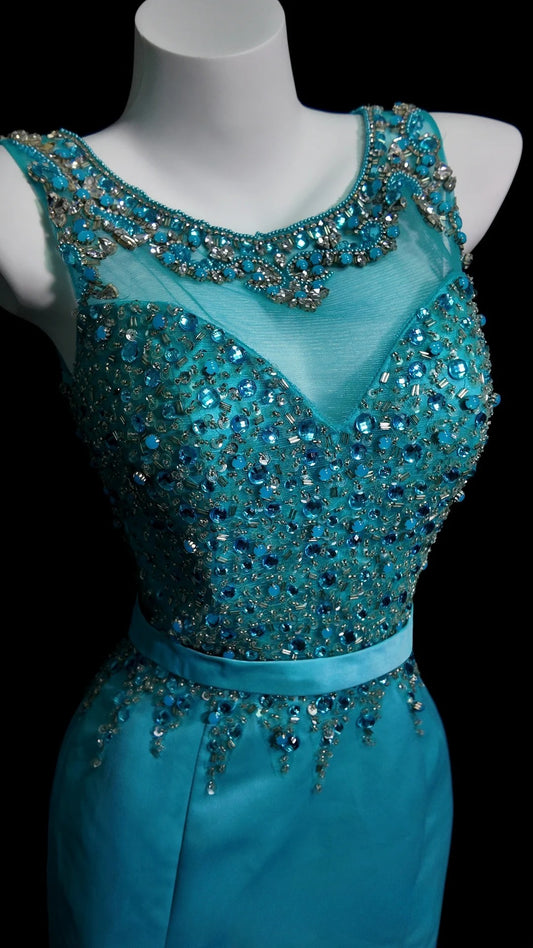 Abendkleider Meerjungfrau Rundhalsausschnitt Satin mit Perlen Bodenlang Formelles Partykleid RB9952