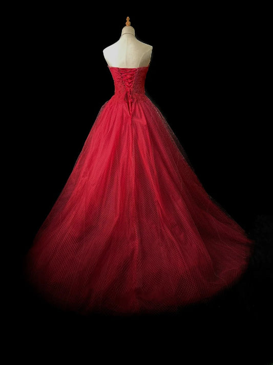 Vintage Prom Dresses Ball Gown Strapless Red Tulle With Flowers Long Party Gown Formal Outfits RB5969