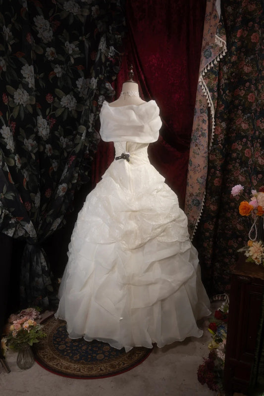 Retro Vintage Ball Gown Square 1950s Cream Ivory With Ruffled Flowers Long Autumn Winter Bridal Dress Wedding Dresses RB8296