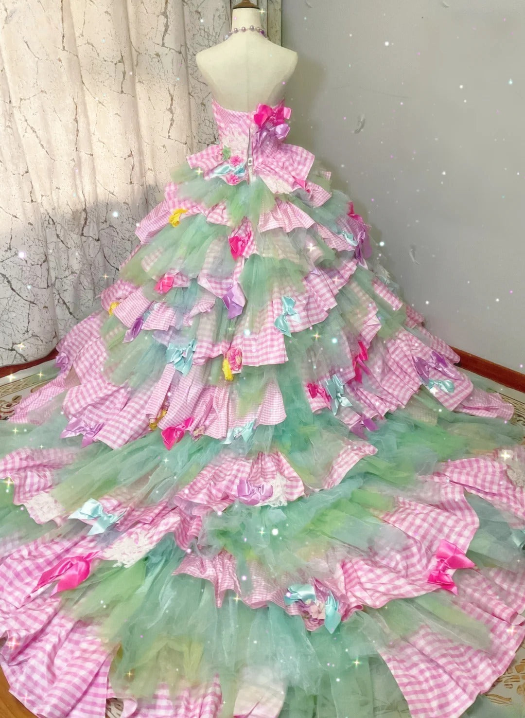 Gothic Strapless Sweet 16 Ball Gown, Pink & Green Layered Tulle Long Sweet Sixteen Formal Dress RB9962