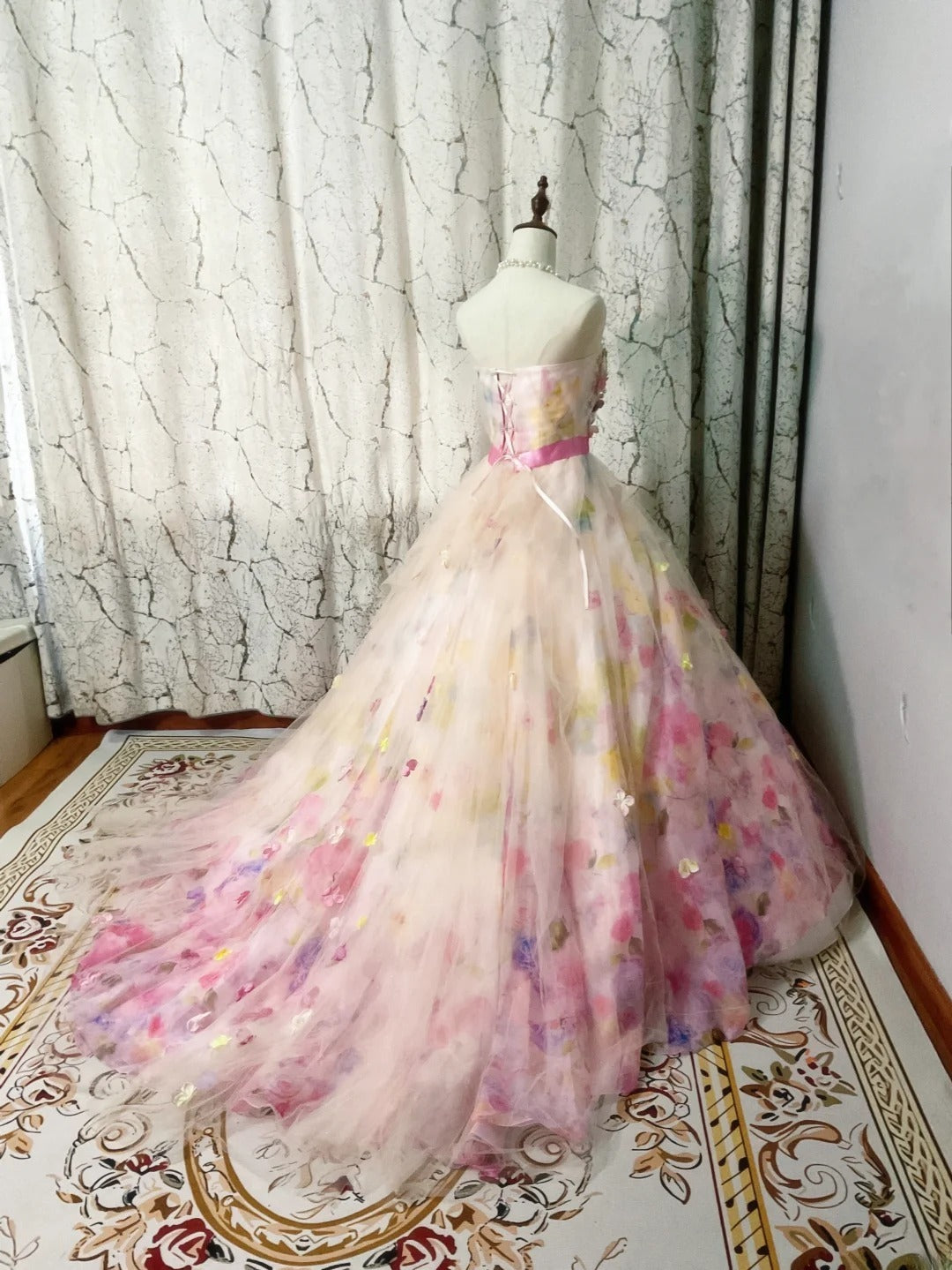 Tiered Ruffled Tulle Sweet 16 Dress, Strapless Pink Floral Long Sweet Sixteen Party Gown RB9963