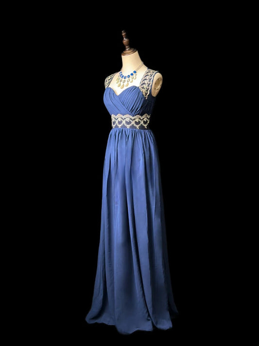 Simple Prom Dresses A line Sweetheart Navy Blue Chiffon With Lace Sleeveless Long Formal Outfits RB5982
