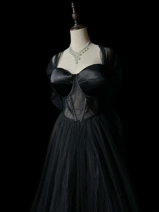 Vintage Prom Dresses A line Sweetheart Tulle Black Tie Dress With Sleeves Long Party Gown Formal Outfits RB5984