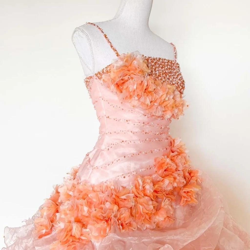 Gothic Strapless Sweet 16 Ball Gown, Pink& Orange Layered Tulle Long Sweet Sixteen Formal Dress RB9964