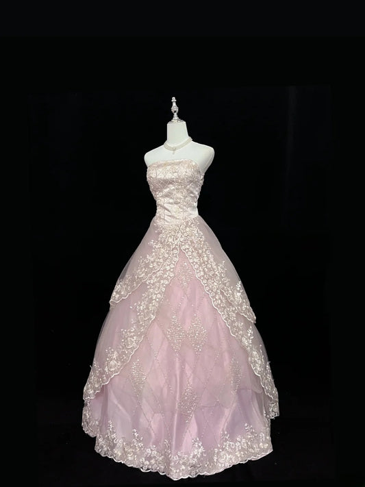 Cute Ball Gown Strapless Pink Tulle With Lace Appliqued Long Quince Dress Voluminous Sweet 16 Sweet Sixteen Outfits Vestido de 15 RB7579