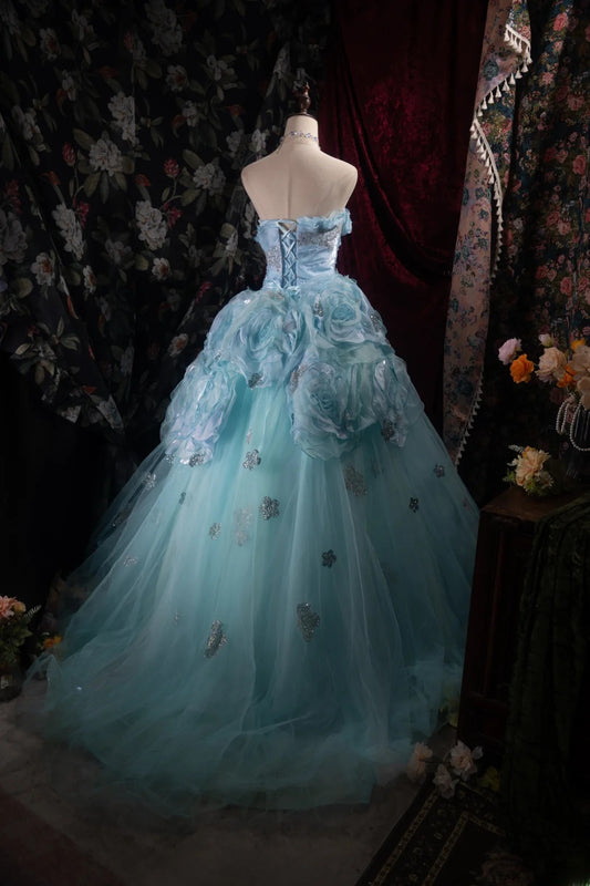 Dreamy Princess Ball Gown Formal Events Strapless Blue Tulle With 3D Flowers Quince Dress Quinceanera Dresses Birthday Outfits RB8374