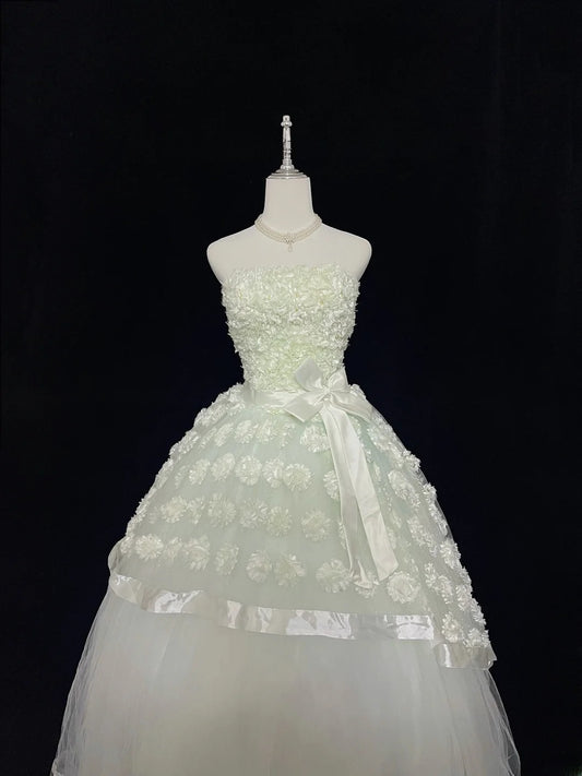 Pretty Ball Gowns Strapless Mint Green Tulle With Lace Appliqued Long Prom Dress Puffy Sweet 16 Sweet Sixteen Outfits Vestido de 15 RB7590